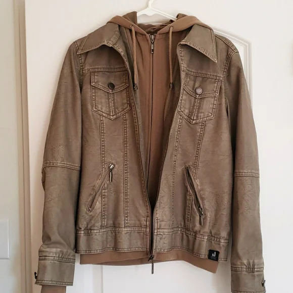 Made By Johnny MBJ • Womens Khaki Leather Motorcycle Jacket with Hoodie • Size S - Picture 4 of 5